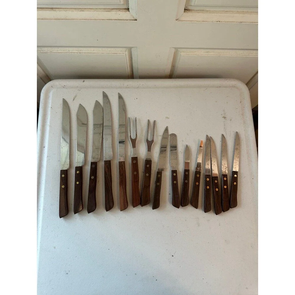 Vintage Mid Century 15 Serrated Stainless Steel Wooden Handles Japan Knives Set